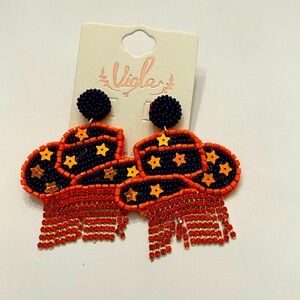 Vigla Beaded Star Cowboy Hat Earrings - Orange and Navy